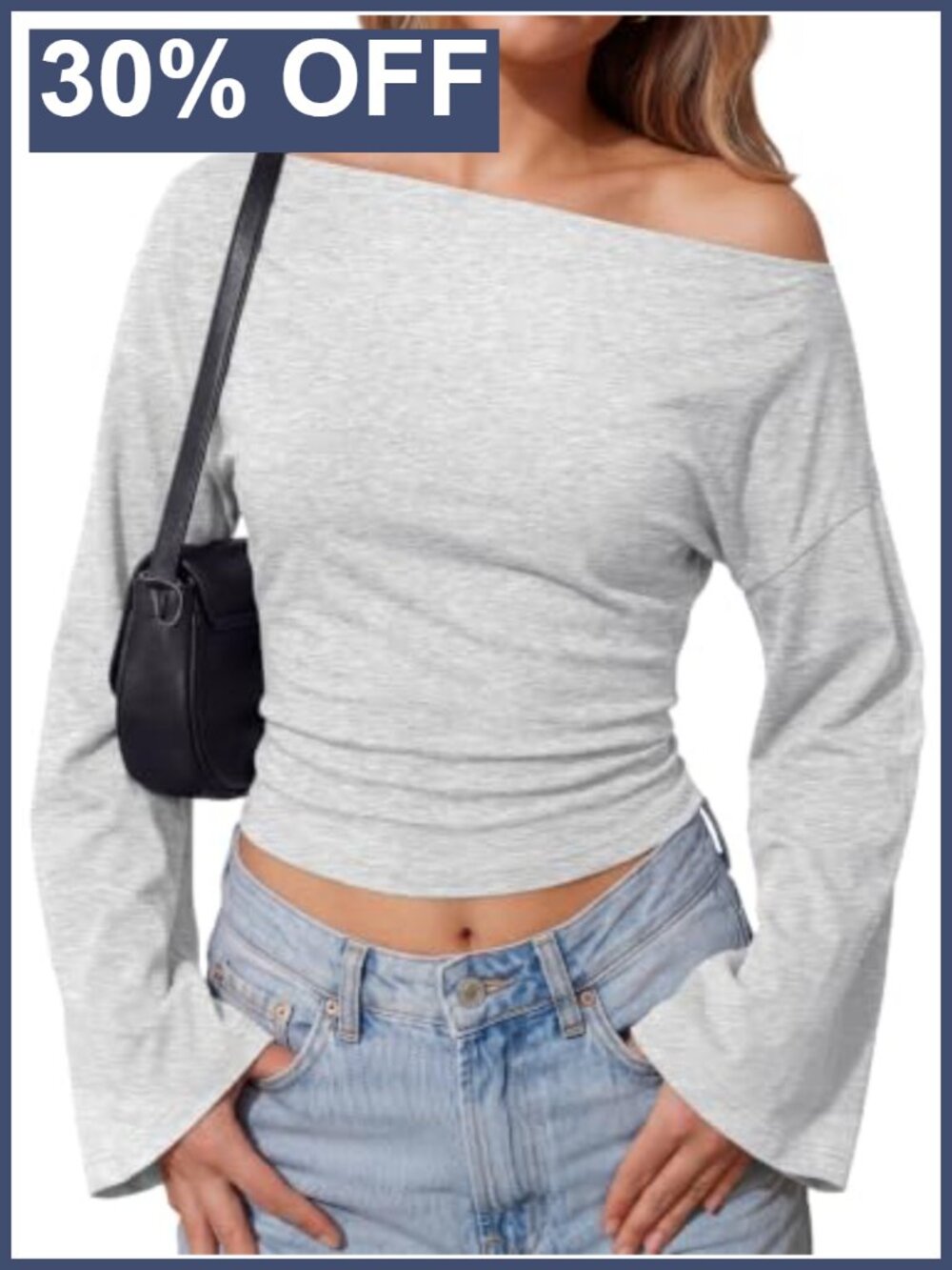 Off Shoulder Bell Sleeve Ruched Cinched Waist Cotton Spandex Blouse